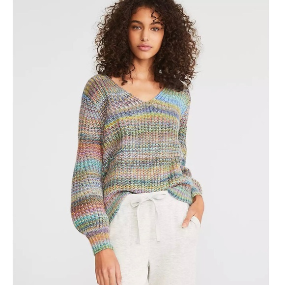 Rainbow Stripe V Neck Pullover Sweater - S - Lou & Grey for Loft - Picture 5 of 5